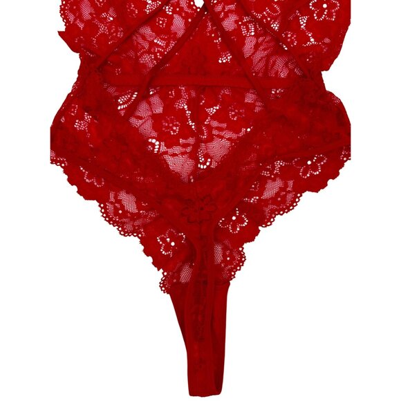 Red Lace V-Neck Strappy Back Thong Croquette Devilcore Bodysuit Lingerie - Picture 7 of 12